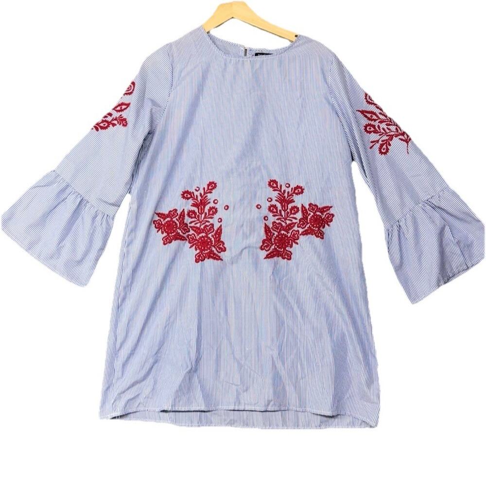 Boohoo Sz 12 Blue/Wh Strip Embroidered Flowers Ruffle Collar/Cuff Tunic/Blouse